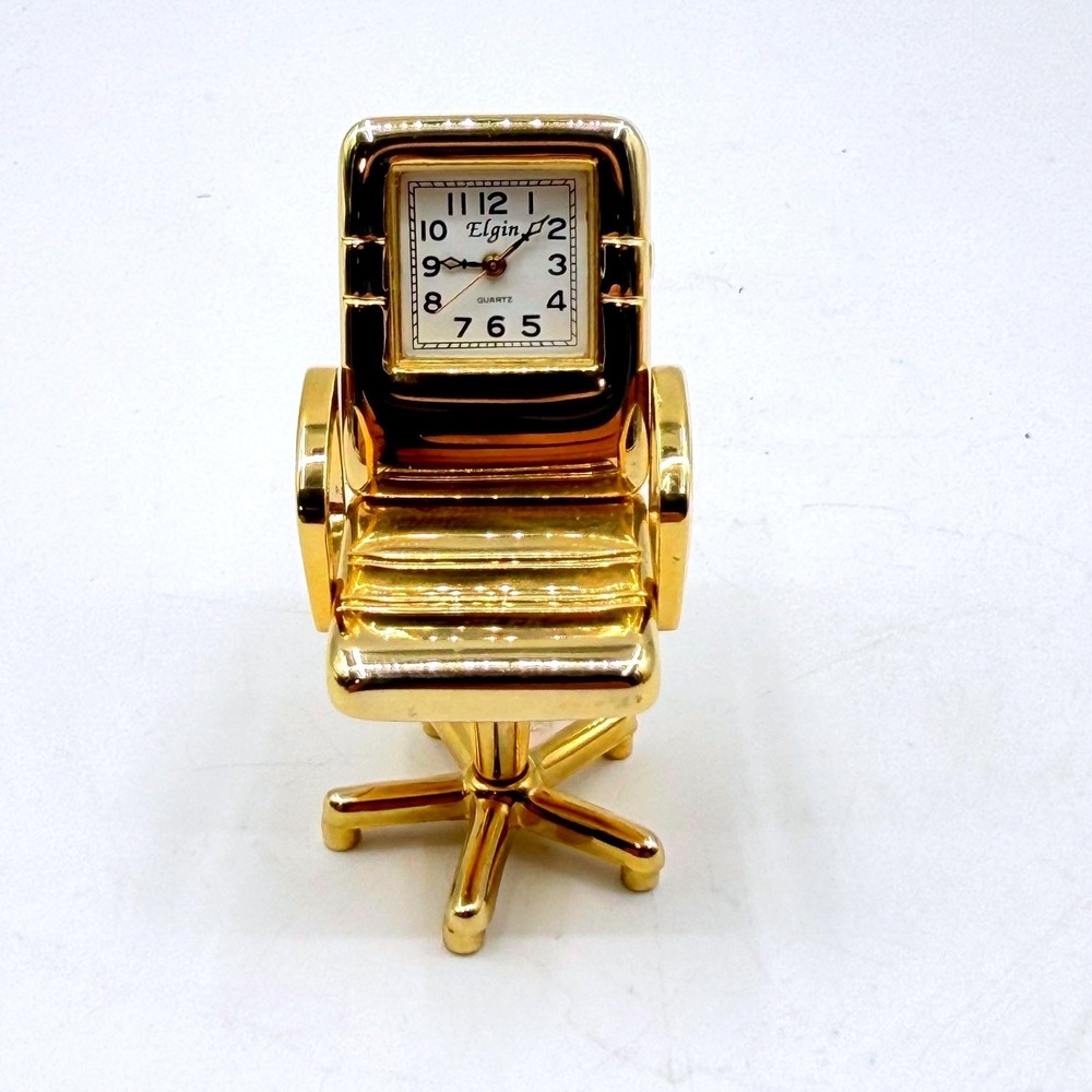 Elgin Gold Tone Miniature Executive Office Chair Novelty Desk Clock Quartz